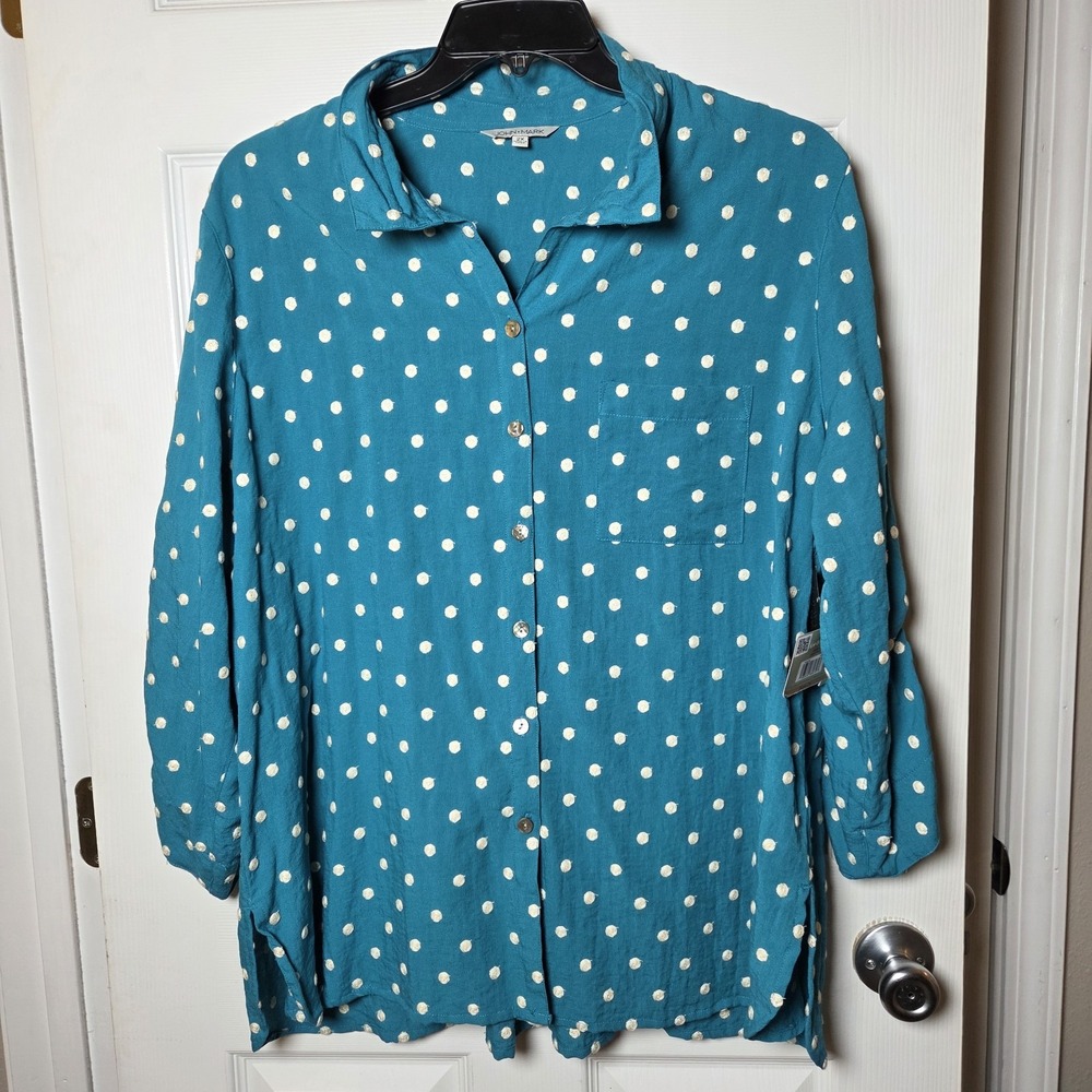 John Mark sz 2X teal embroidered polka dot button top NWT artsy casual fun